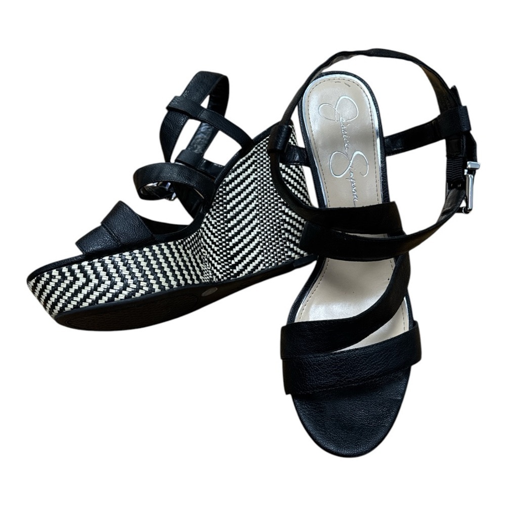 Jessica Simpson women’s black chevron pattern wedge heels sandals size